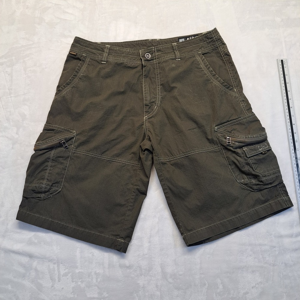 Kuhl Cargo Shorts Mens 34 Olive Green Excellent Vintage Patina Dye 8-Pocket